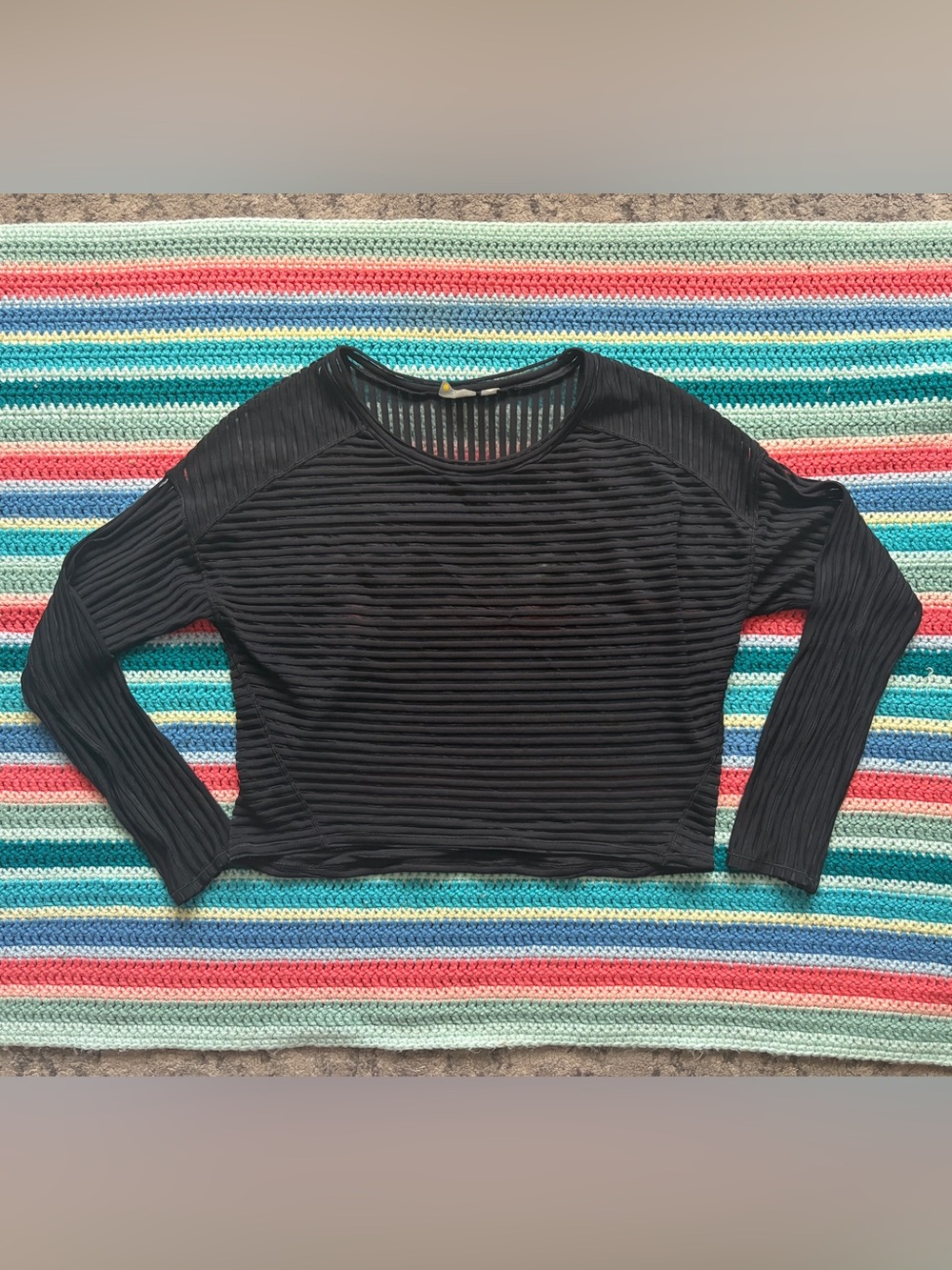 Zella Black Sheer-Striped Long Sleeve Top